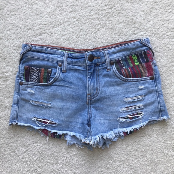Free People Denim - FP Distressed Denim Shorts with Tapestry Accents